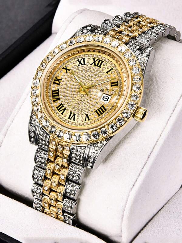 1pc/Set Fashion Men's Business Roman Scale Dial Full Rhinestone Quartz Steel Strap Watch, Suitable For Daily Matching, Birthday, Anniversary, Halloween, And More