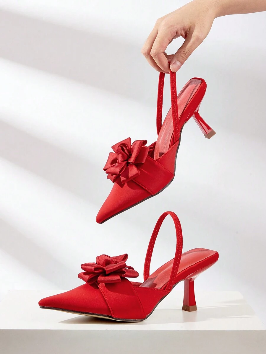 Giày cao gót mũi nhọn họa tiết hoa thời trang thanh lịch mới 2024 cho nữ - Đỏ - Xem 1