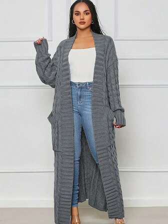 Plus size dam V-ringad långärmad enfärgad kabelstickad cardigan tröja för höst/vinter