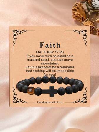 Hope, Faith, And Love! Stylish Cross Decor Black Beaded Bracelet For Son / Grandsons, Birthday, Holiday Party Gift For Boys