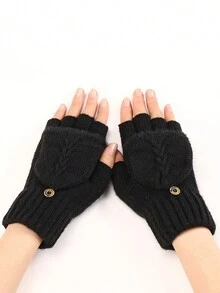 1 双女士翻盖流苏针织短款无指手套，温暖时尚的设计，适合秋冬季 - 彩色 - 查看 15
