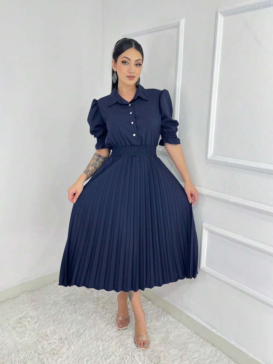 Vestido Midi Feminino com botão Manga Curto Cintura Alta Plissado