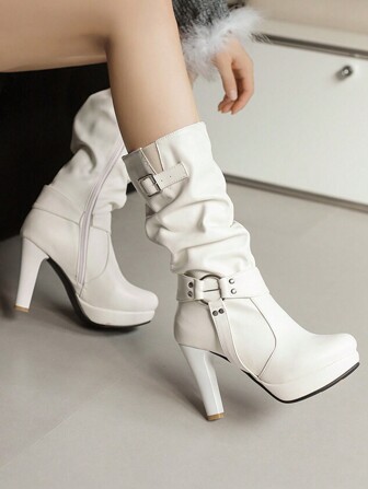 Women's Chunky Heel Mid-Calf Wrinkled Boots, Anti-Skid Sole High Platform Fashionable Versatile Wrinkled Shoes For Party, Runway & Occasions