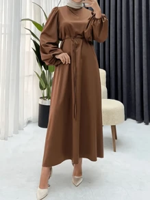 Bata con lazo de mujer, elegante bata de manga larga con cuello redondo - Marrón - Ver 2