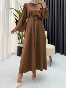 Bata con lazo de mujer, elegante bata de manga larga con cuello redondo - Marrón - Ver 1