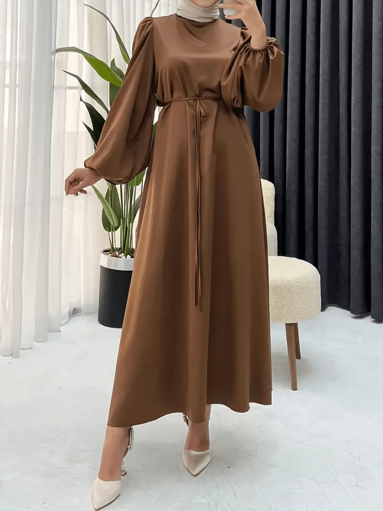 Bata con lazo de mujer, elegante bata de manga larga con cuello redondo - Marrón - Ver 1