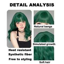 一片式 14 英寸刘海短水波卷发假发女士自然卷发迷人合成假发自然棕色耐热头发适合日常派对使用假发 - 綠色 - 查看 2