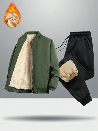 Męski zimowy płaszcz z pluszową podszewką, okrągłym dekoltem, zamkiem błyskawicznym, długim rękawem, pluszową podszewką, ściągaczem w pasie, zimowy ciepły kombinezon