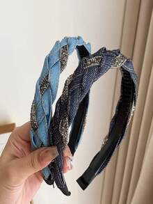 法式复古优雅牛仔蓝水晶包裹头带，优雅发箍辫子夹发夹，休闲 ABS 材质，适合秋冬季 - 彩色 - 查看 2