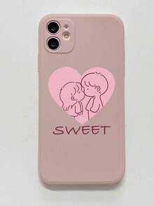 1 件可爱情侣接吻粉色心形图案磨砂边缘手机壳适用于 Iphone 16/Samsung//Redmi/VIVO/OPPO - 粉色 - 查看 3