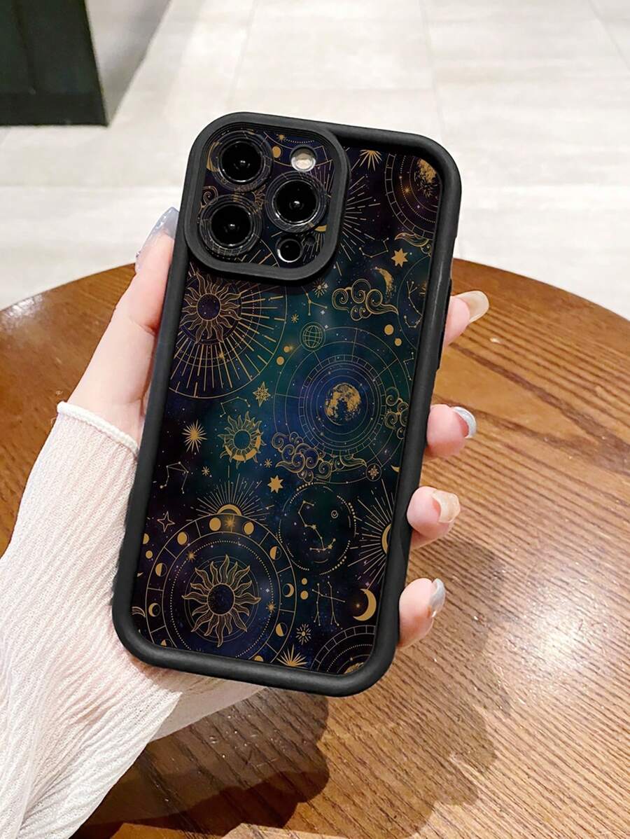 1pc Line Art Planet Anti-Shock Phone Case Compatible With Iphone/Galaxy/Infinix/Redmi/OPPO/VIVO/MOTO/Honor/Oneplus/Itel/Tecno - Black - View 1