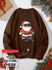 Customized Pattern Design, Christmas Personalized Photo Men's Crew Neck Sweatshirt, Customize Your Family/Friend Photo/Selfie/Group Photo/Landscape/Pet Photo/LOGO, Suitable For Halloween, Christmas, Birthday, Valentine's Day, Father's Day, Party, Anniversary, Customized Pattern Design On The Front Of Men's Fleece Crew Neck Sweatshirt, Men's Autumn Tops, Autumn/Winter Men's Clothing, Back To School Clothes, Christmas Men's Wear, Birthday Gift - Brown - View 1
