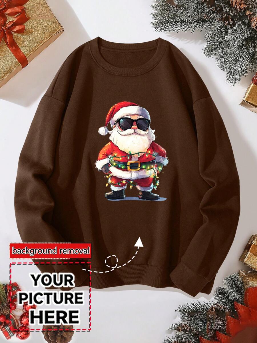 Customized Pattern Design, Christmas Personalized Photo Men's Crew Neck Sweatshirt, Customize Your Family/Friend Photo/Selfie/Group Photo/Landscape/Pet Photo/LOGO, Suitable For Halloween, Christmas, Birthday, Valentine's Day, Father's Day, Party, Anniversary, Customized Pattern Design On The Front Of Men's Fleece Crew Neck Sweatshirt, Men's Autumn Tops, Autumn/Winter Men's Clothing, Back To School Clothes, Christmas Men's Wear, Birthday Gift - Brown - View 1