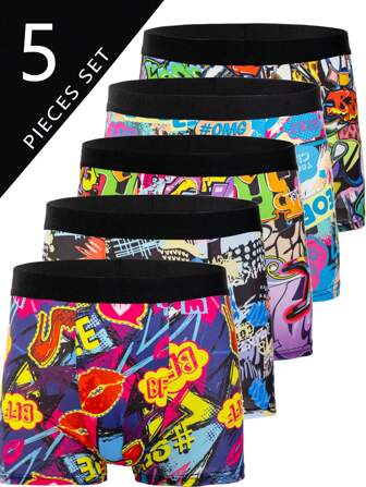 5pcs Men's Cartoon Pattern Briefs, Graffiti Quick-Dry Stretchy Swim Trunks, Sports Shorts, Novelty Underwear, Cycling Shorts