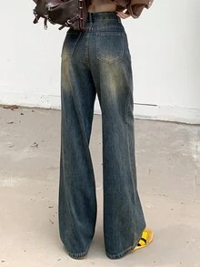 High-Waisted Slimming Vintage Wash Distressed Straight Leg Long Jeans For Women - Blue - View 3