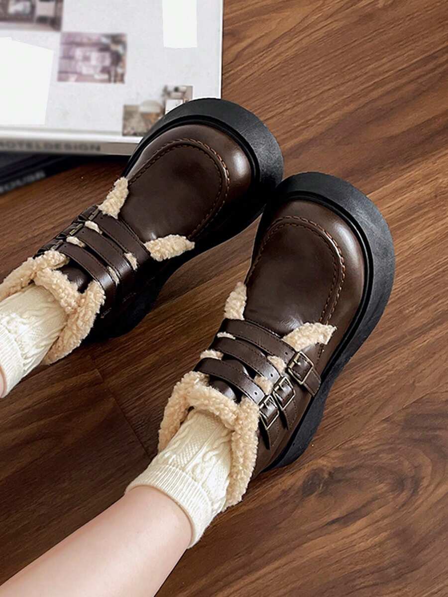 New Women Platform Thick Sole SlipOn Loafers, Brown Glossy Leather