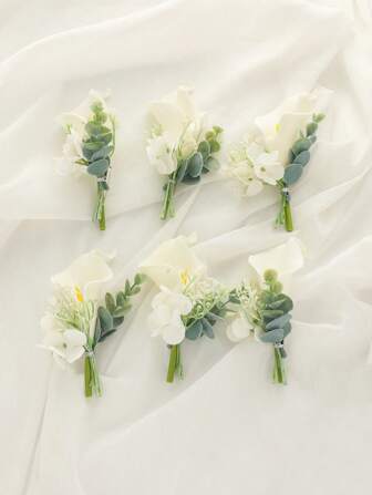 6 件套优雅马蹄莲花配人造绿叶，适合新娘和新郎婚礼装饰、正式派对、周年纪念