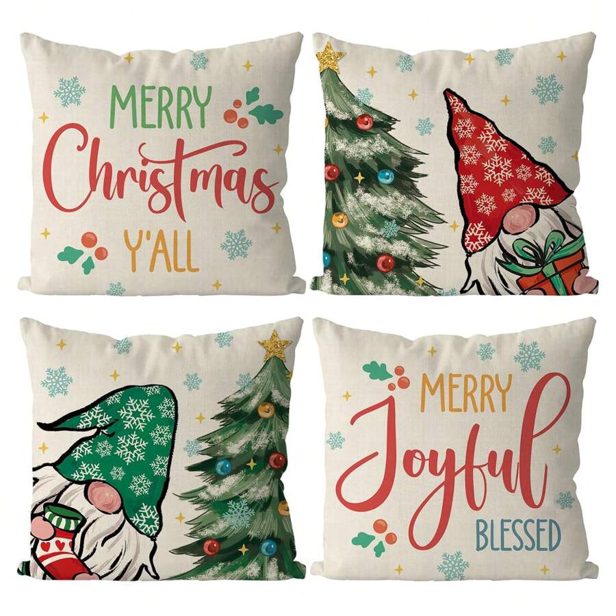 4件圣诞枕套 小矮人 圣诞装饰 枕套 圣诞彩色一次性枕套 家用沙发 客厅装饰 靠垫套 单边无枕芯 - 紅白綠色 - 查看 1
