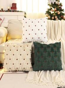 1pc Christmas Tree Quilted Embroidered Throw Pillow Cover, Plush Decoration For Autumn/Winter - Beige - View 2