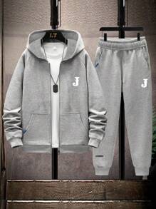 2pcs/Set Teen Boy Fashion Versatile Casual Hoodie Sports Set, Suitable For Spring, Autumn And Winter - Grey - View 1