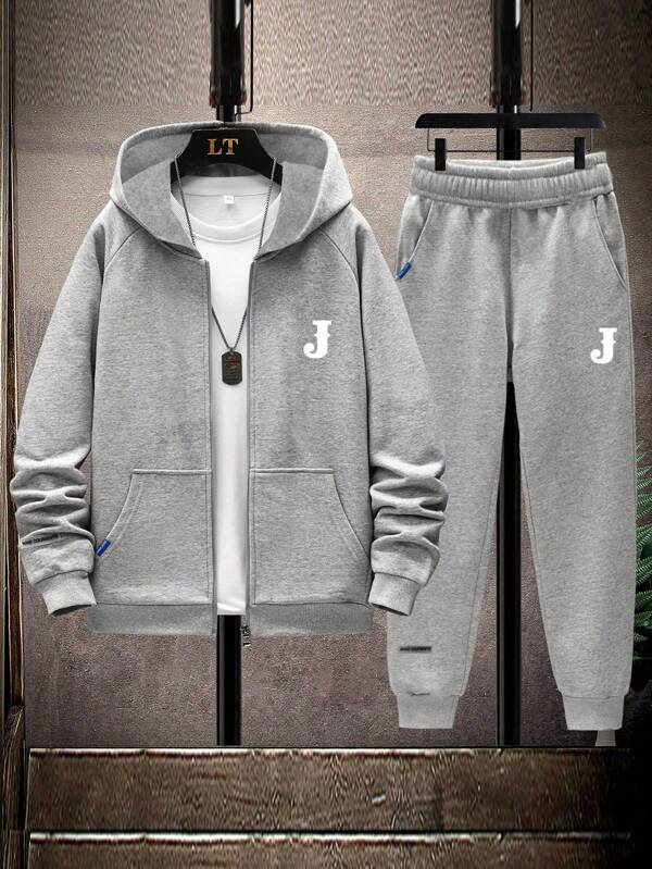 2 Stücke/Set Teenager Jungen Outdoor Kapuzenpullover Jacke und einfarbige Fleece Jogginghose mit Kordelzug, Frühling Herbst
