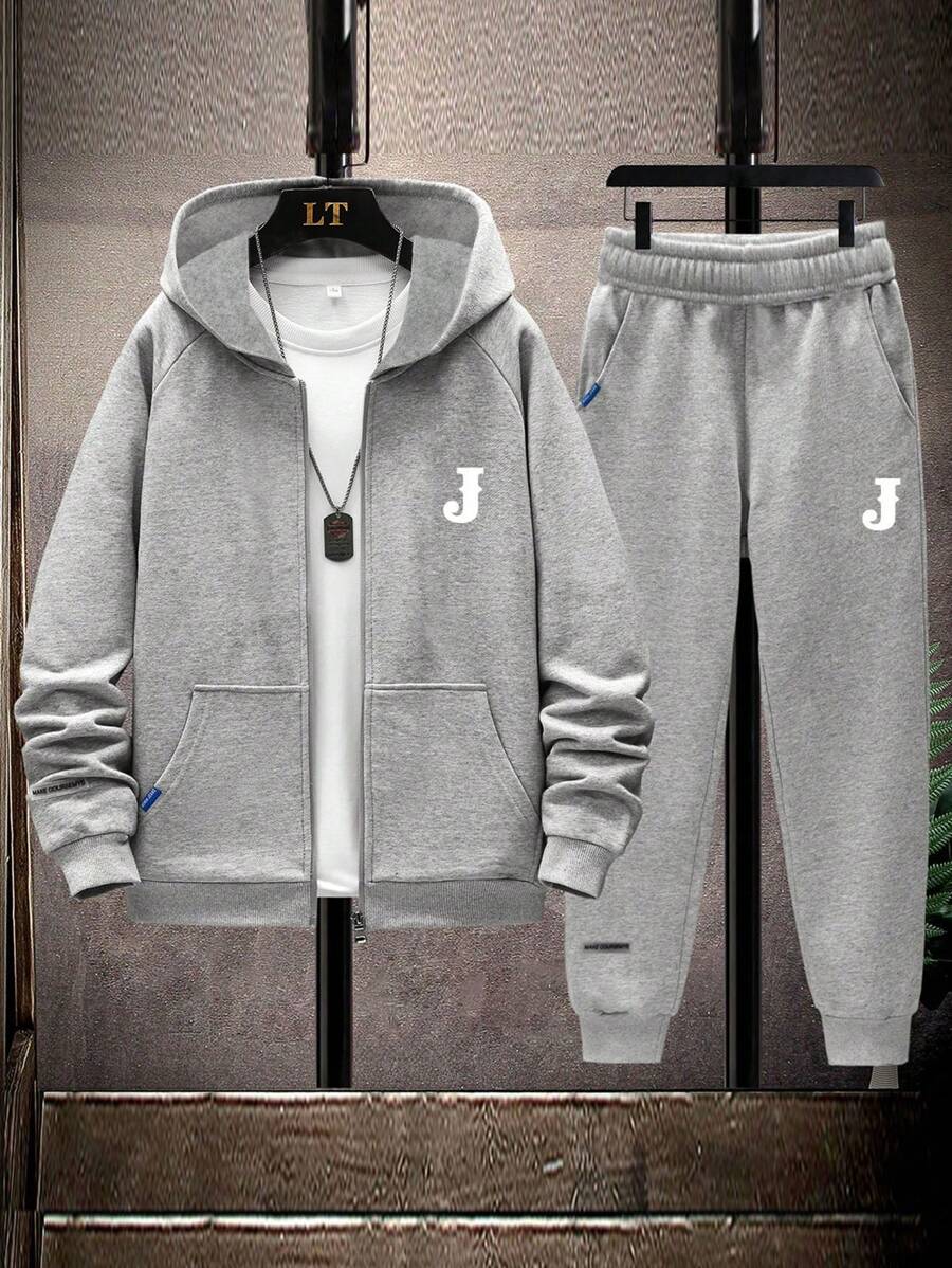 2pcs/Set Teen Boy Fashion Versatile Casual Hoodie Sports Set, Suitable For Spring, Autumn And Winter - Grey - View 1