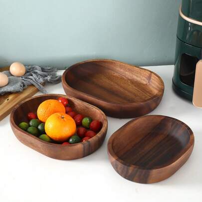 3pcs/1pc Oval-Shaped Acacia Wood Salad Bowl,School Supplies
