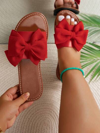 1 双宽版蝴蝶结装饰拖鞋，时尚甜美风格舒适平底红色鞋，适合日常穿着/度假