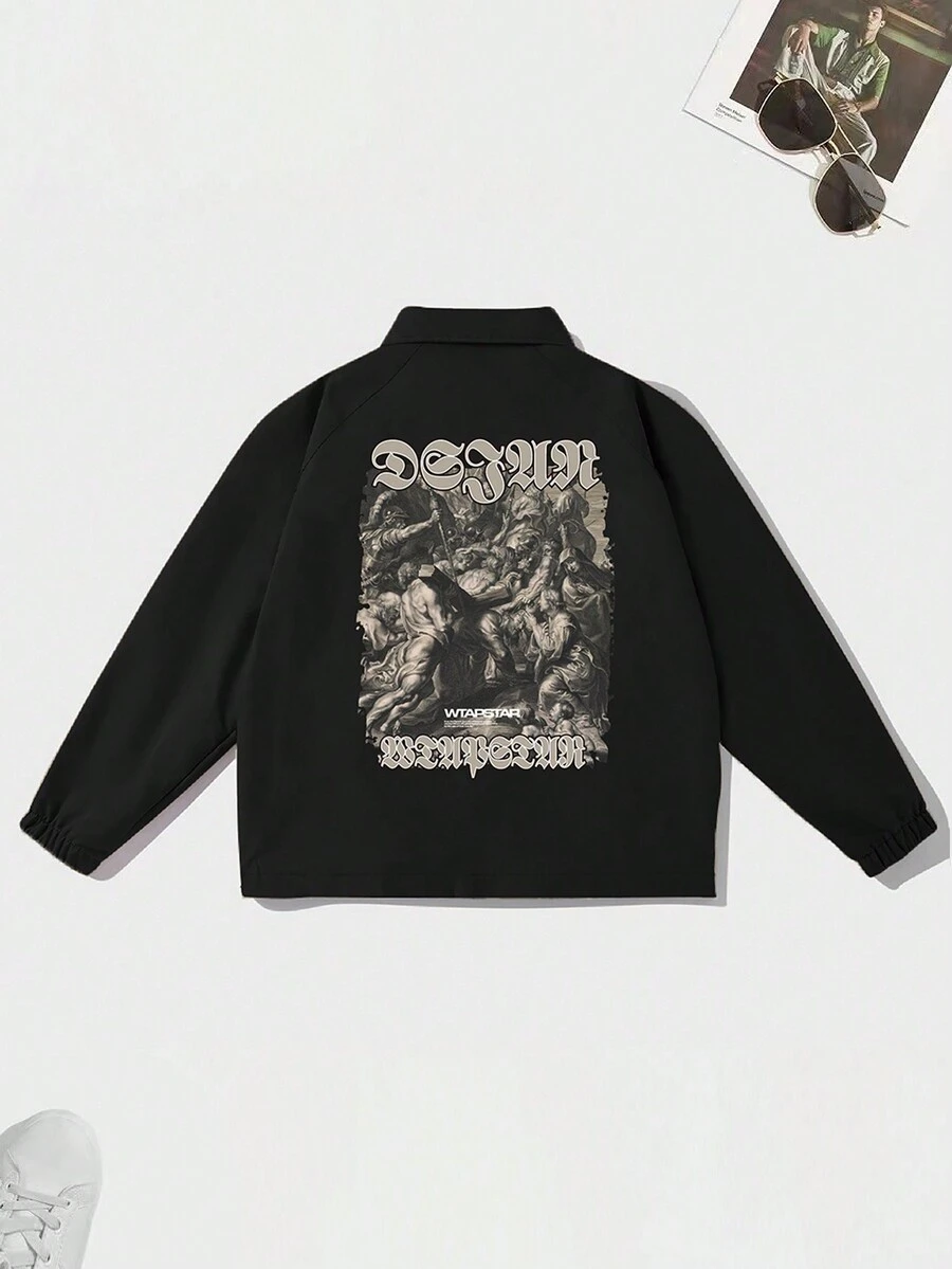 Chaqueta con estampado de graffiti callejero de manga larga con solapa de moda para hombre en otoño/invierno - Negro - Ver 1
