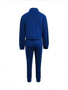 Set de 2 piezas Conjunto de mujer para primavera/otoño/invierno, chaqueta corta con cremallera de unicolor versátil + pantalones pitillo con bolsillo y cintura elástica