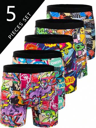 5pcs Men's Fashion Printed Long Boxer Briefs, Graffiti Design Breathable Comfortable High Elasticity Long Boxer Swim Trunks, Sports Shorts, Novelty Men's Underwear, Cycling Shorts