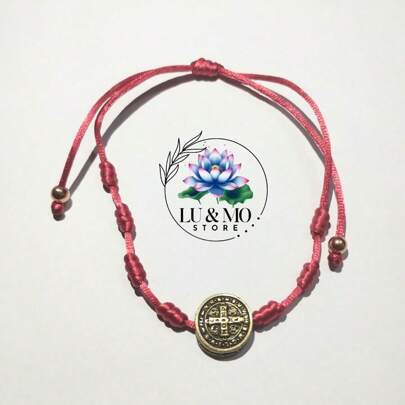 Pulseira Medalha de São Bento 7 Nós Ajustável Proteção Fé e Oração Contra Inveja Fio de 1 mm