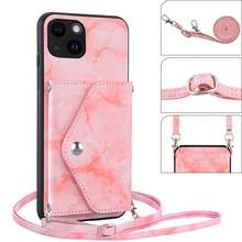 Charm Marble Card Bag Wallet Crossbody Bag With Credit Card Holder Slot Lanyard Wrist Strap Slim Purse Stand Kickstand Phone Case Compatible With Samsung Galaxy/Apple IPhone - Pink - View 4