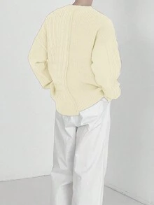 男女通用超大羊绒针织套头衫，不对称设计，休闲宽松，圆领，长袖，秋冬季舒适保暖 - 杏色 - 查看 3