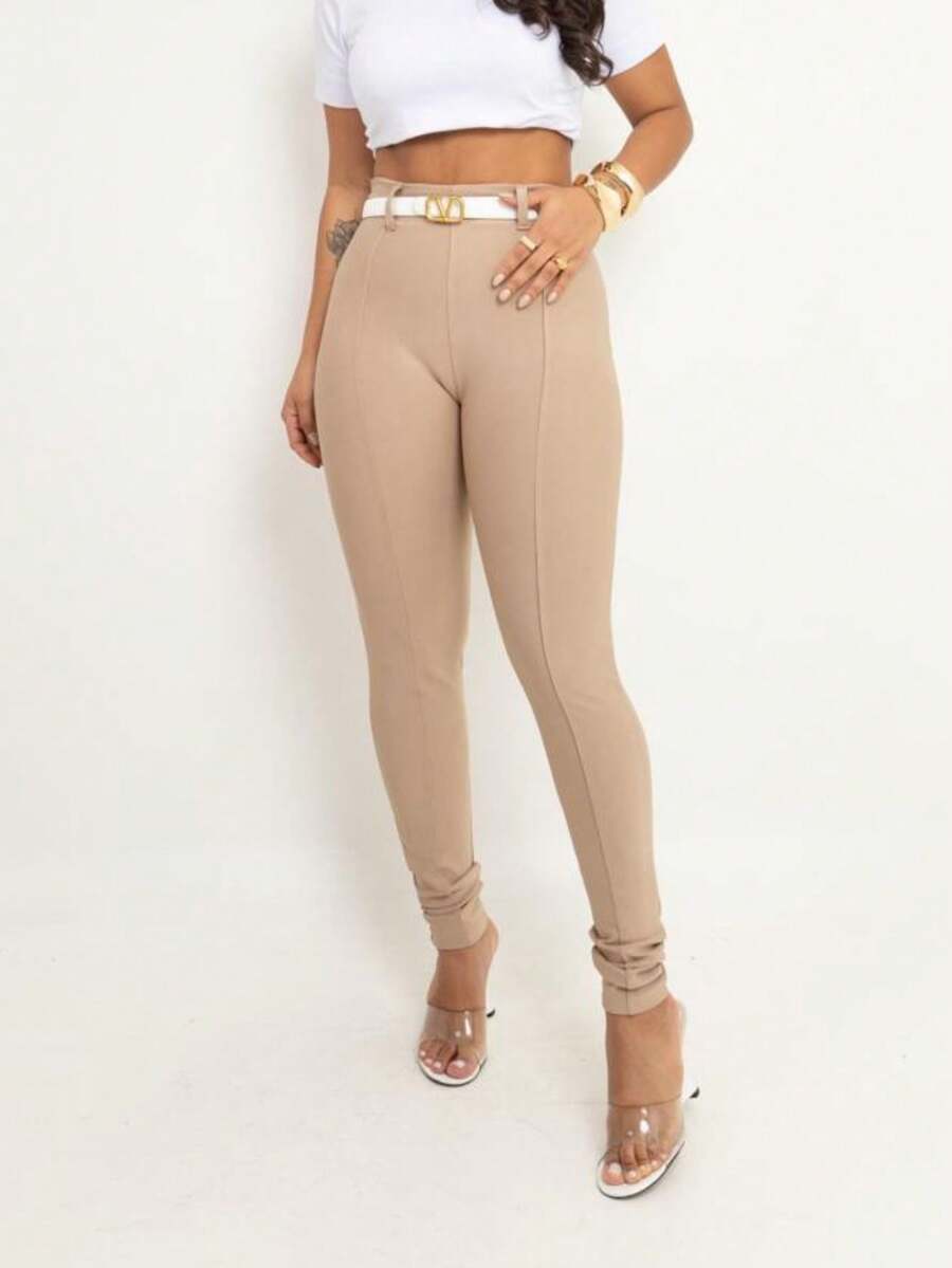 Women's Skinny Pants Tight Fit High Waist Pockets Chic Fashion Clothing - 米色 - 查看 1