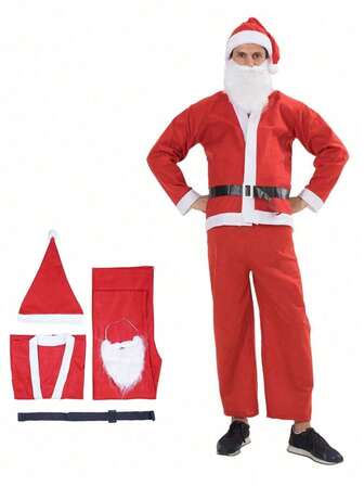 1 套男士圣诞老人服装，成人圣诞老人胡须装，经典红色圣诞派对角色扮演服装