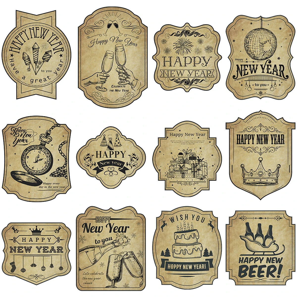 Happy New Year Wine Bottle Stickers, 12 Styles 2025 New Year Bottle