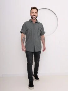 Men's Imported Washed Cotton Short Sleeve Three Pocket Shirt - 深灰色 - 查看 3