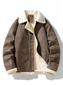 男士休闲厚羊羔绒内衬扎染皮夹克，冬季保暖 - 咖啡棕 - 查看 1