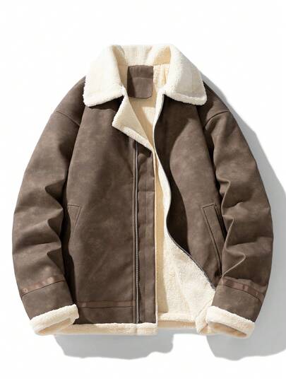 男士休闲厚羊羔绒内衬扎染皮夹克，冬季保暖