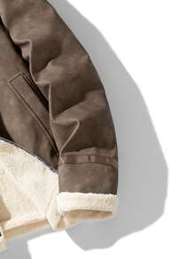 男士休闲厚羊羔绒内衬扎染皮夹克，冬季保暖 - 咖啡棕 - 查看 5