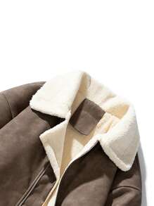 男士休闲厚羊羔绒内衬扎染皮夹克，冬季保暖 - 咖啡棕 - 查看 4