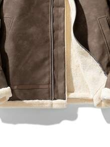 男士休闲厚羊羔绒内衬扎染皮夹克，冬季保暖 - 咖啡棕 - 查看 6