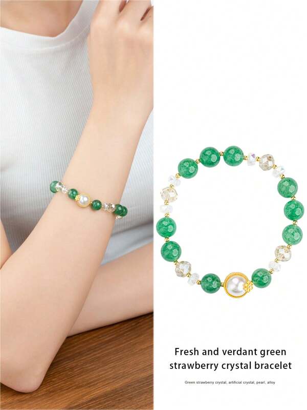 VE [VE] 1pc Pulseira de quartzo morango verde natural de alta qualidade, estilo fresco e natural, significando amor e harmonia, aumentando o charme interpessoal e promovendo a comunicação emocional, estética única, acessório da moda, adicionando charme pessoal. A cor da joia é aleatória.