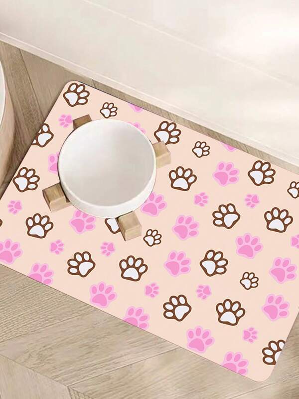 1pc Pink Paw Print Pet Meal Mat, 50cm * 80cm Size Suitable For Most Pet Feeding And Drinking Basin Mats, Easy To Clean, Absorbent Rubber Bottom Anti Slip Pet Feeding Mat