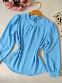 Women's Long Sleeve High Neck Blouse New - Baby Blue - View 3