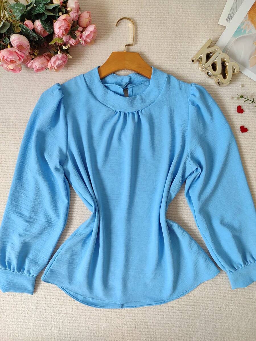 Women's Long Sleeve High Neck Blouse New - Baby Blue - View 1