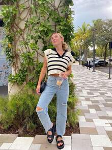 Women's Short Striped Knitwear Vest With Lapel, Spring/Autumn - Apricot - View 3