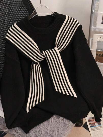 Suéter de cuello redondo de manga larga unicolor para mujer, blusa de punto holgada con decoración de bufanda a rayas de estilo casual y de color bloqueado para otoño/invierno