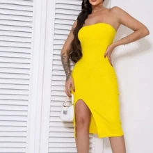 Women's Slit Midi Dress - Yellow - View 2